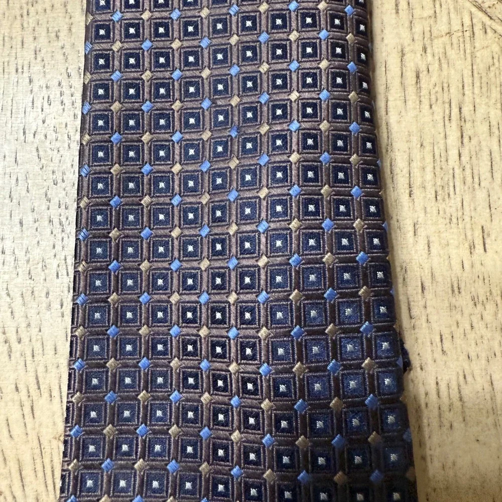 Saddlebred Mens‎ Brown Blue Silk Blend Geometric Pattern Necktie Formal